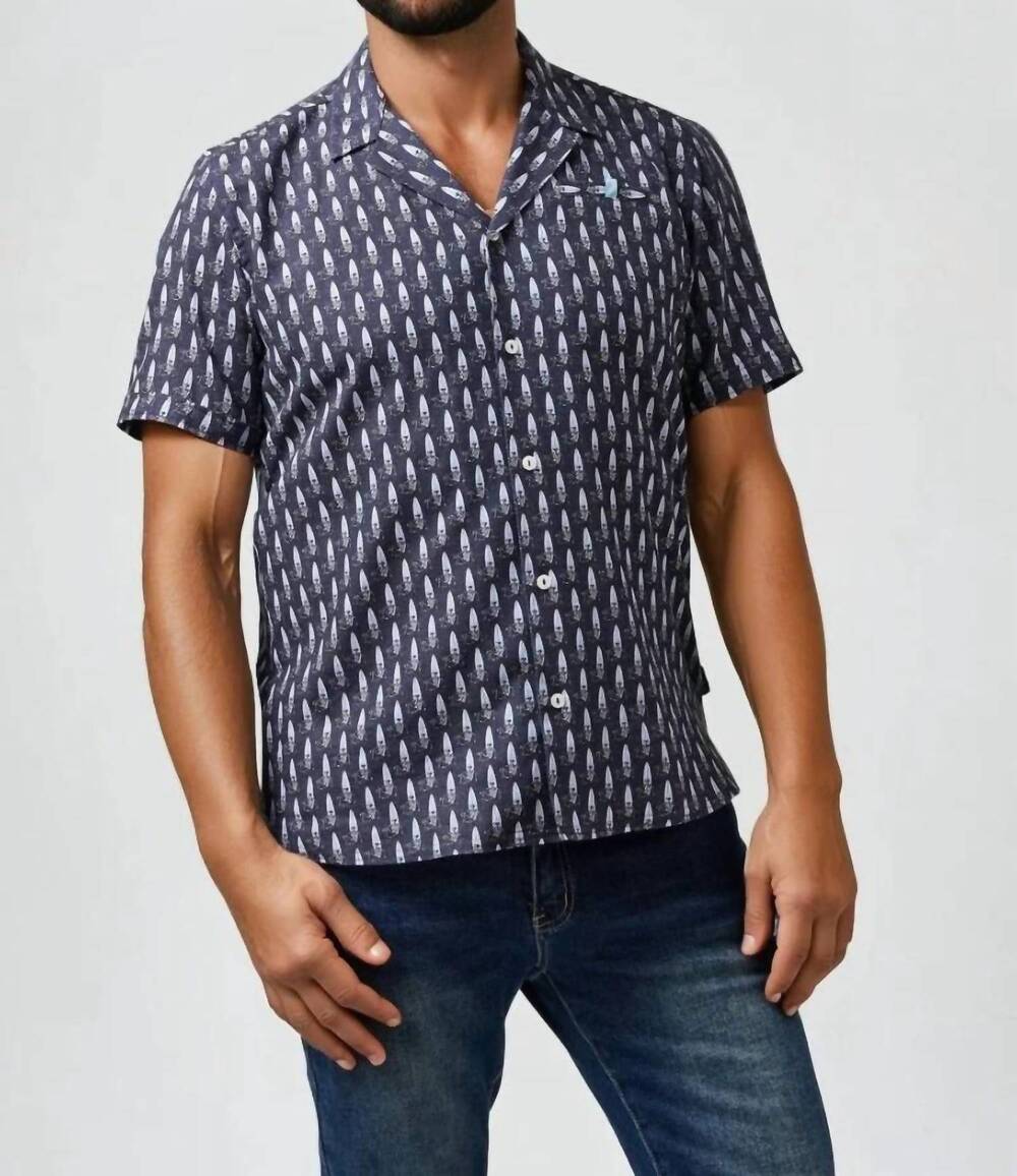 NEW STONE ROSE buonasera surf skull linen resort shirt in navy
